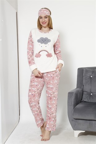 Akbeniz Kadın  Bulut Desenli Ekru Vizon Polar Pijama Takımı 8037