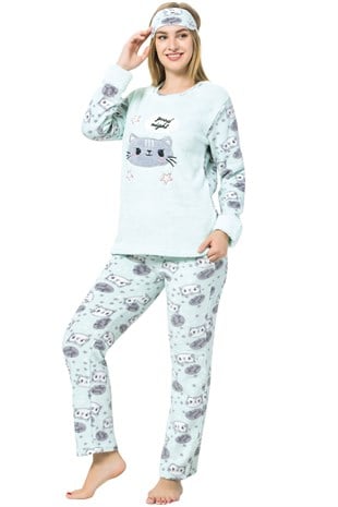 Akbeniz Kadın  Kedi Desenli Su Yeşili Polar Pijama Takımı 8059