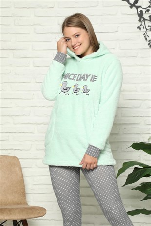 Akbeniz Welsoft Polar Kapşonlu Taytlı Kadın Pijama Takımı 8087